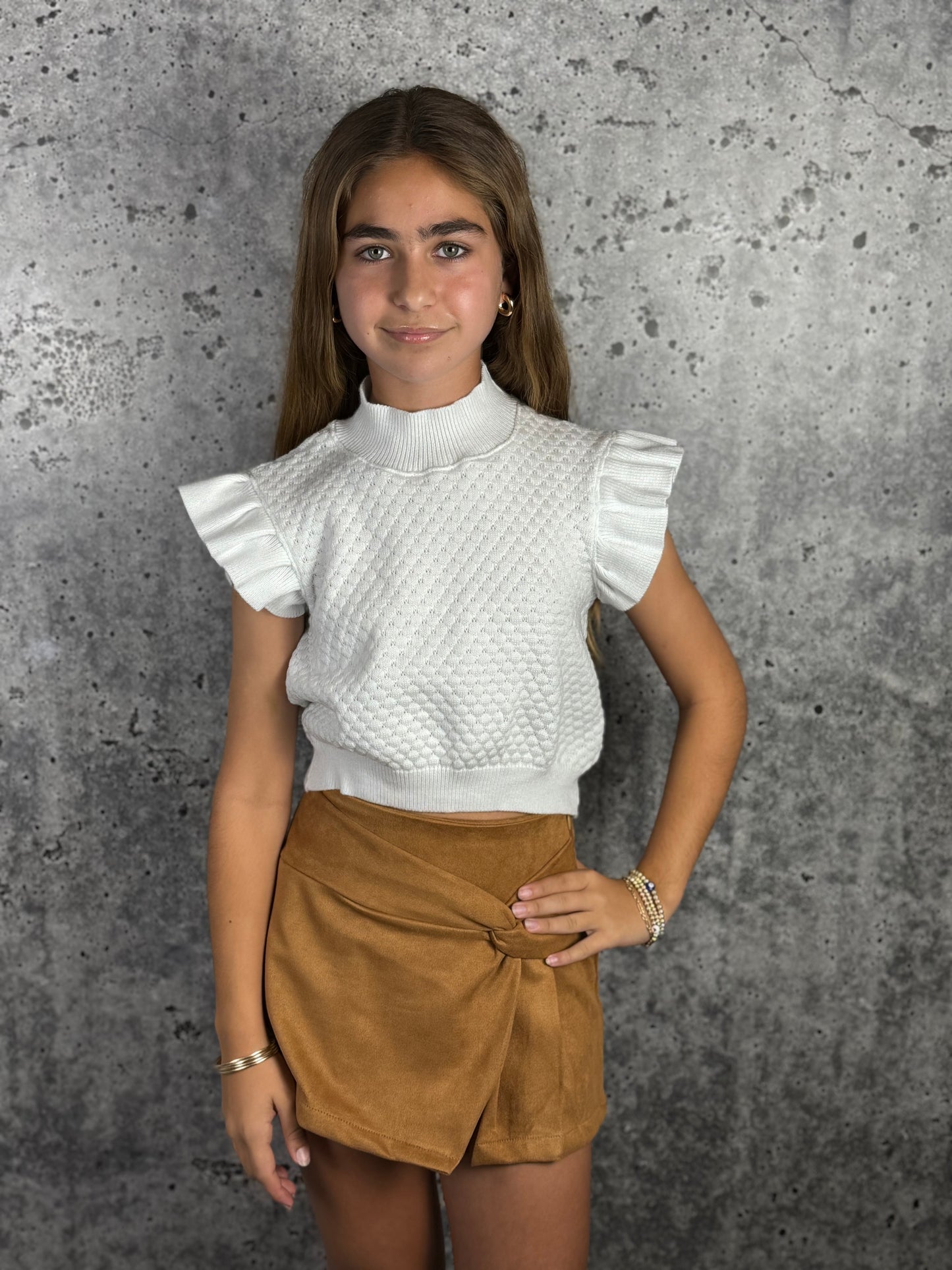 White Knit Ruffle Top