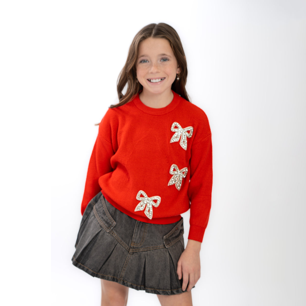 Red 3 Bows Crew Neck Sweater