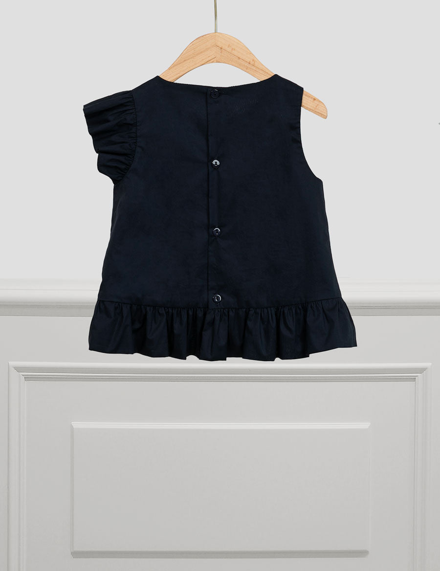 Navy Poplin Ruffle Blouse