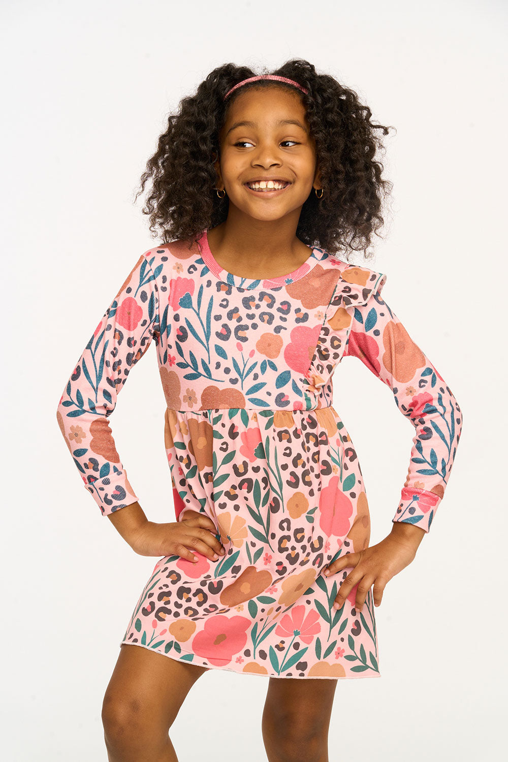 One Ruffle Floral & Leopard Print Dress