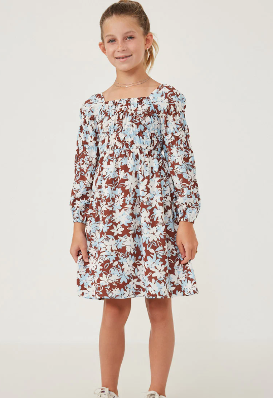 Brown Botanical Print Square Neck Dress