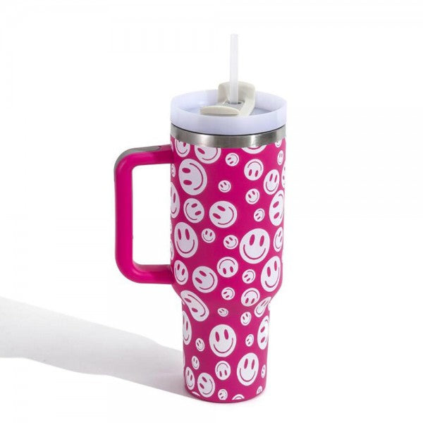 Hot Pink Happy Face Printed 40oz Tumbler