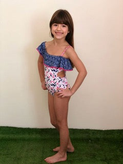 One Shoulder Ruffle Swimsuit Birds