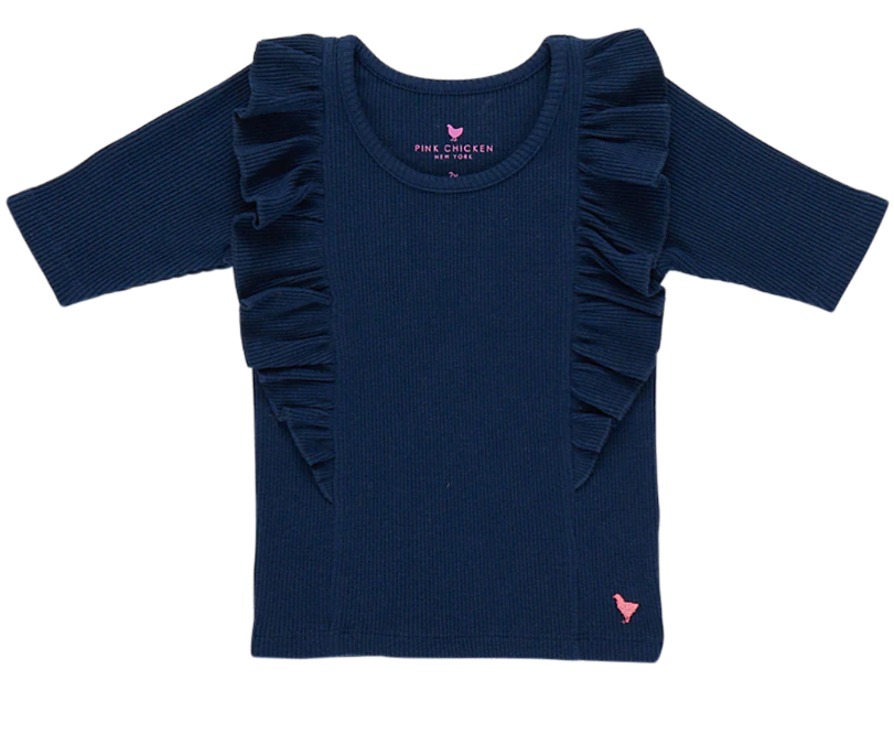 Navy Ruffle Rib Top