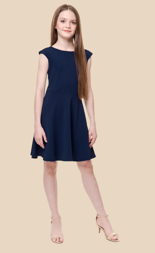 Navy V Back Cap Sleeve Dress