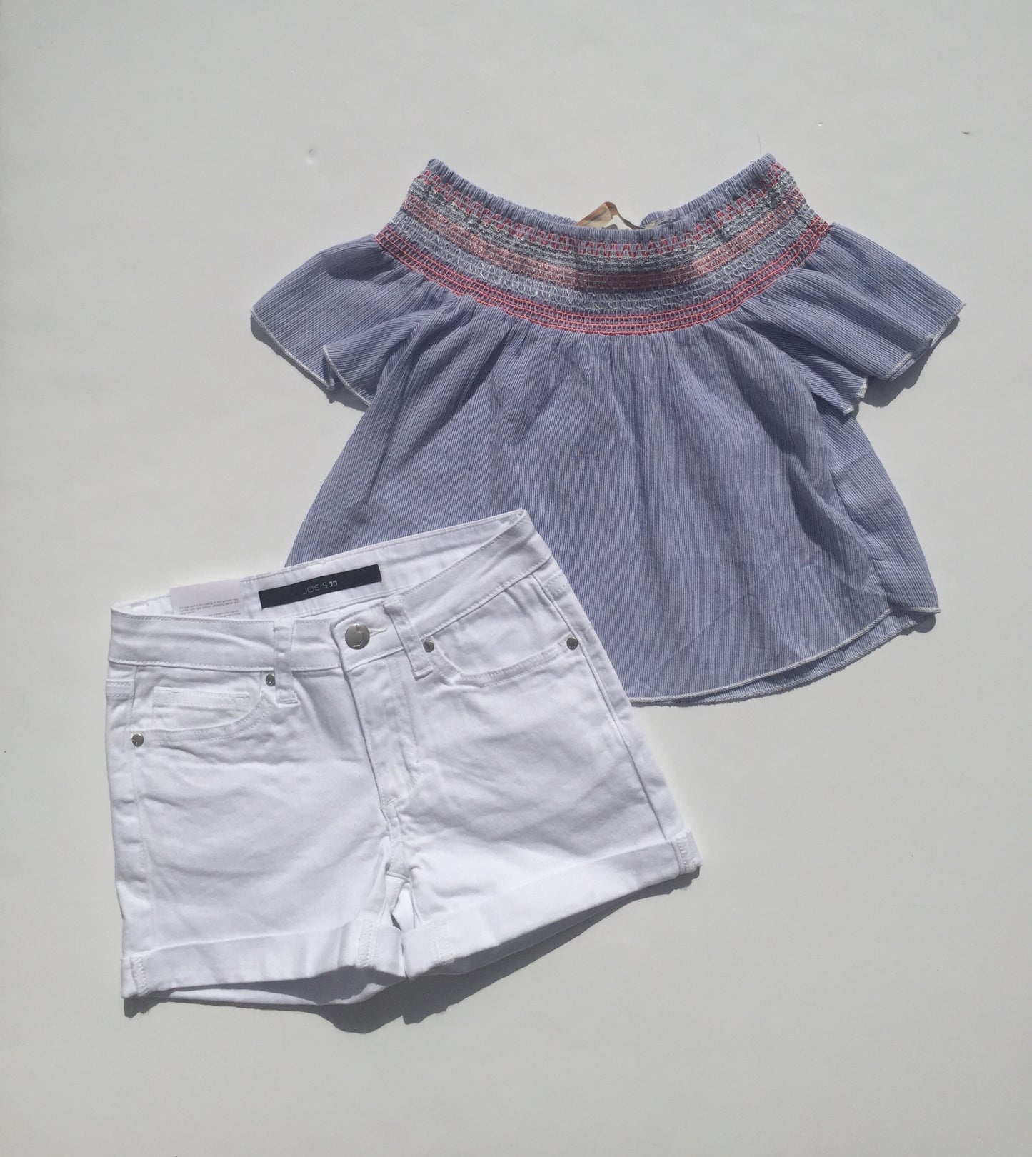 Blue Stripe Smock Off Shoulder Top