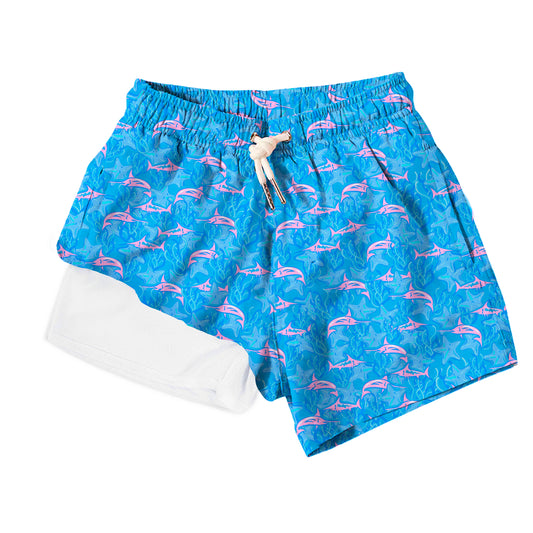 Pink Marlins On Blue Swim Trunk