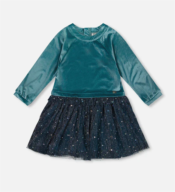 Teal Blue Velvet & Pleated Mesh Dress