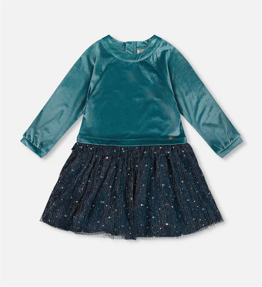 Teal Blue Velvet & Pleated Mesh Dress