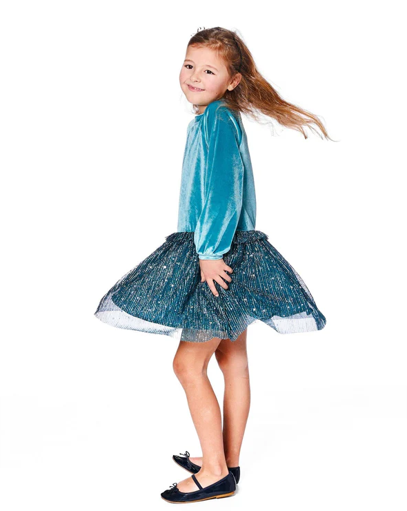 Teal Blue Velvet & Pleated Mesh Dress