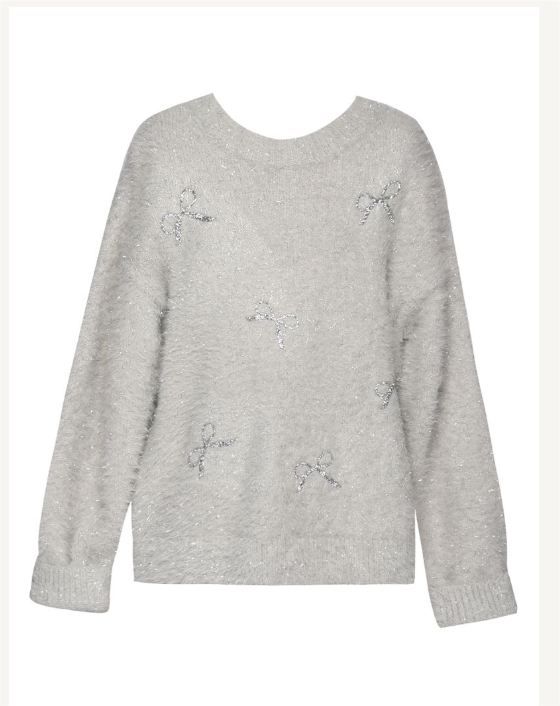 Grey Fuzzy Sweater w/Seq Bows