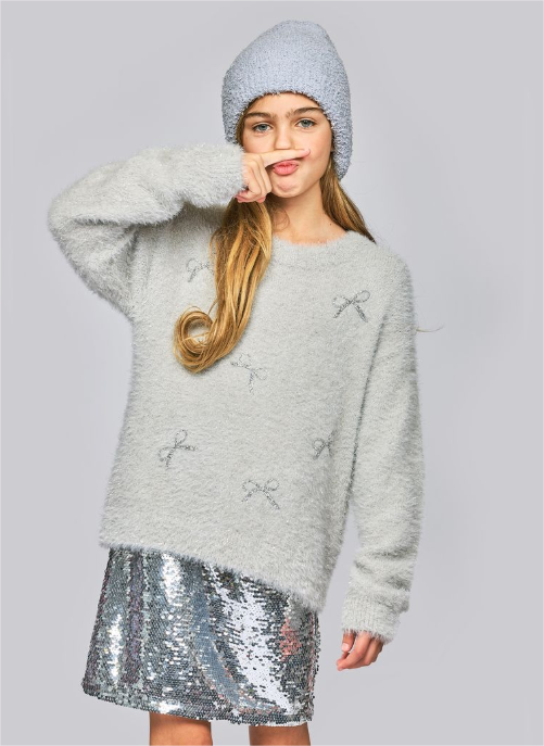 Grey Fuzzy Sweater w/Seq Bows