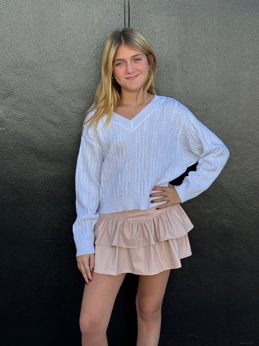 White V Neck Knit Sweater