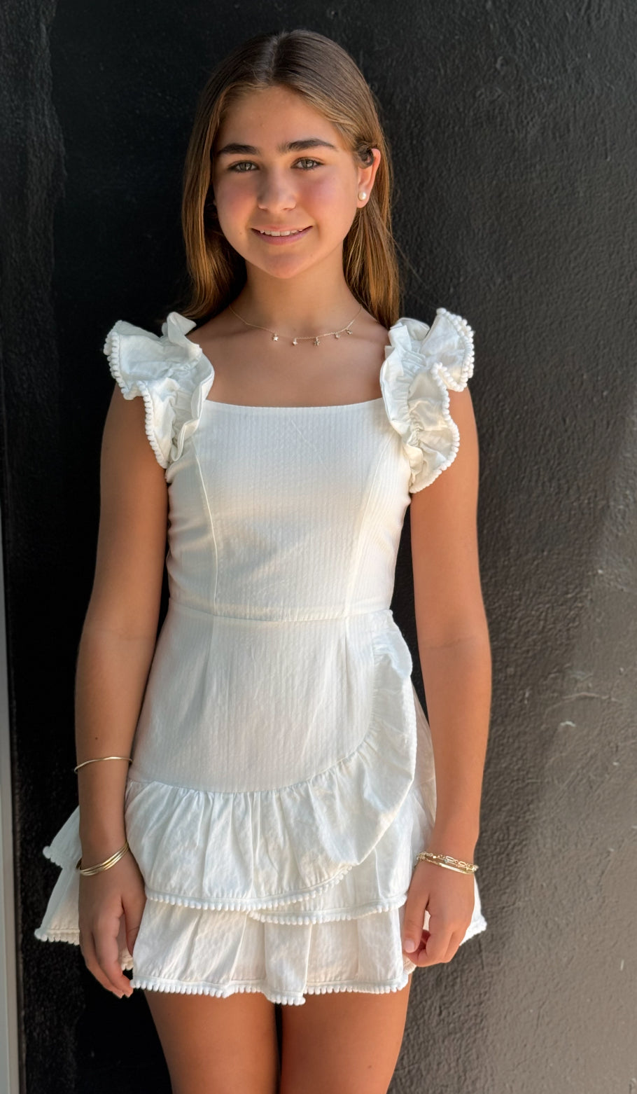 White Ruffle Pom Pom Dress