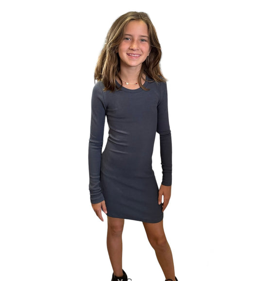 Blue Cotton Ribbed L/S Dress