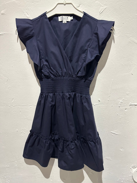 Navy Woven Smocked Waist Dress