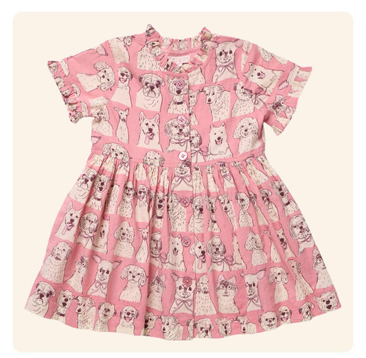 Girls Autumn Dress - Pink Sketched Dogs
