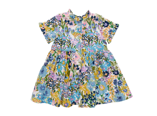 Girls Autumn Dress Blue Large Sketched Floral