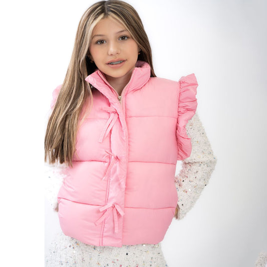 Pink Ruffle Puffer Vest w/Bows