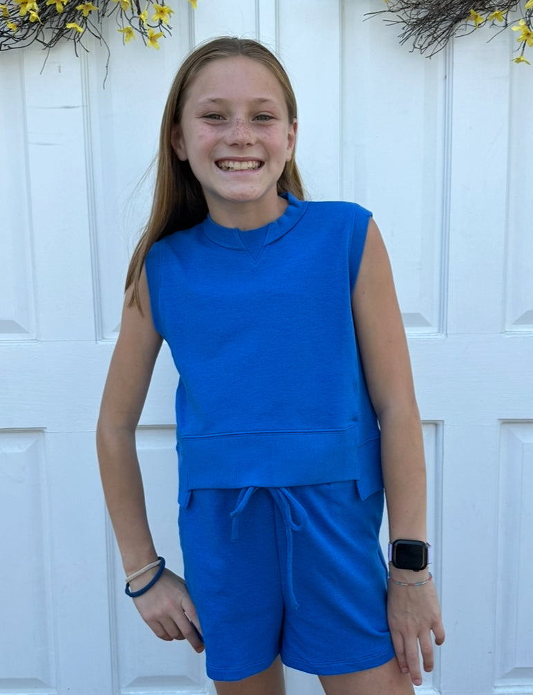 Blue French Terry Hi Low Muscle Top