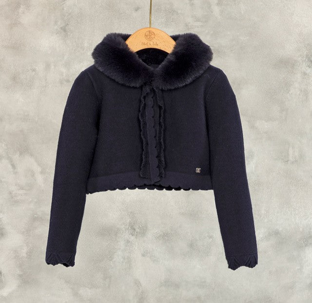 Navy Knitted Faux Fur Collar Cardigan
