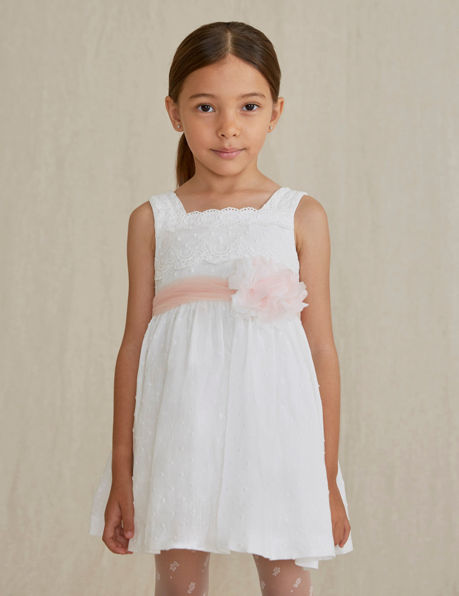 White Embroidered Dress w/Polka Dots