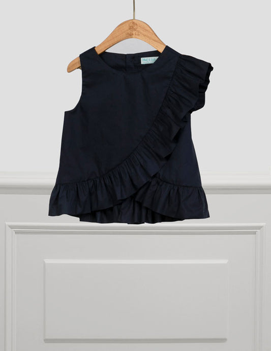 Navy Poplin Ruffle Blouse