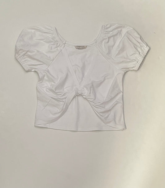 White Twist Front Puff Sleeve Top