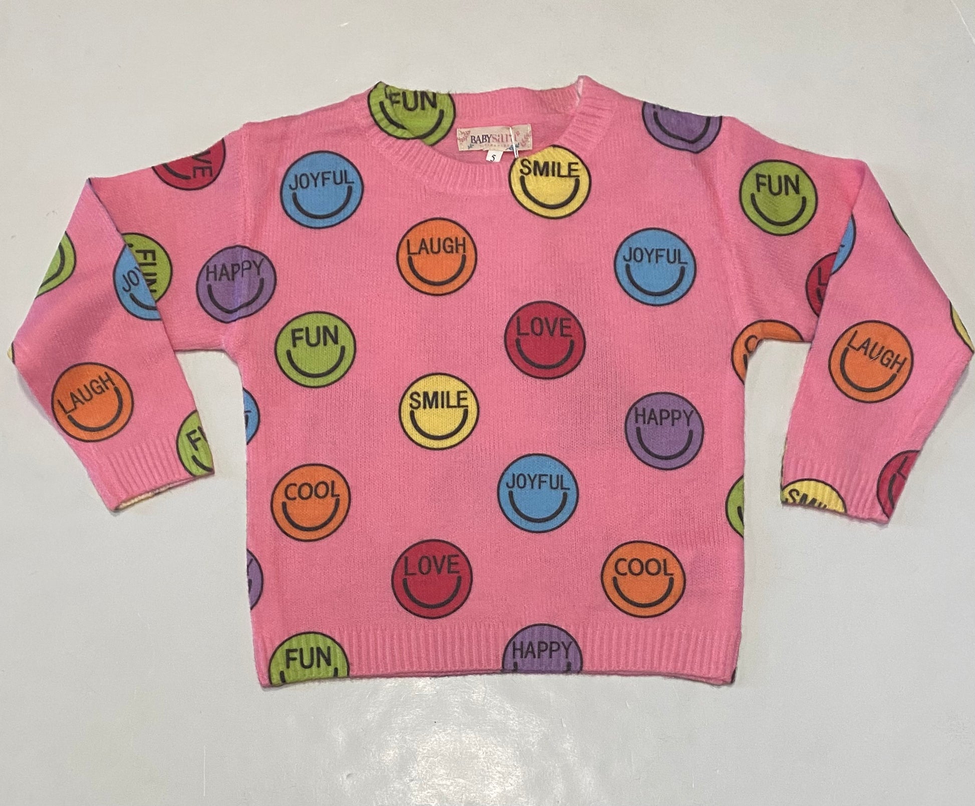 Pink Happy Face Print Sweater
