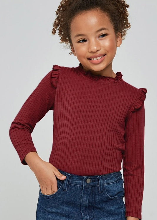 Wine Ribbed Ruffle Mock Neck L/S