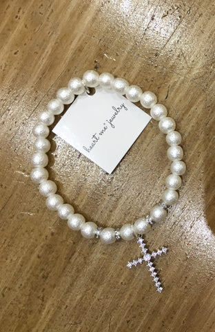 White Pearl Cross Bracelet