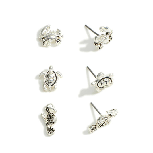 Set of 3 Silver Sea Horse, Turtle, Crab