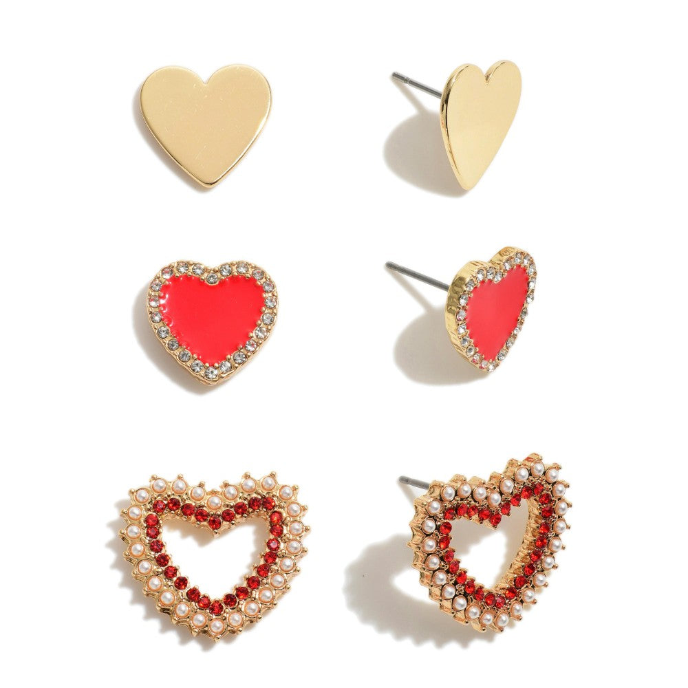 Red Set of 3 Heart Earrings