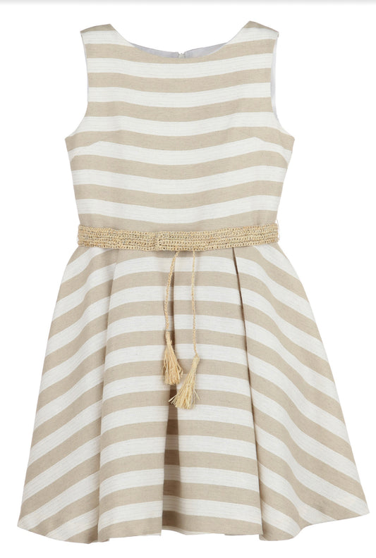 Beige Stripe Belted Dress