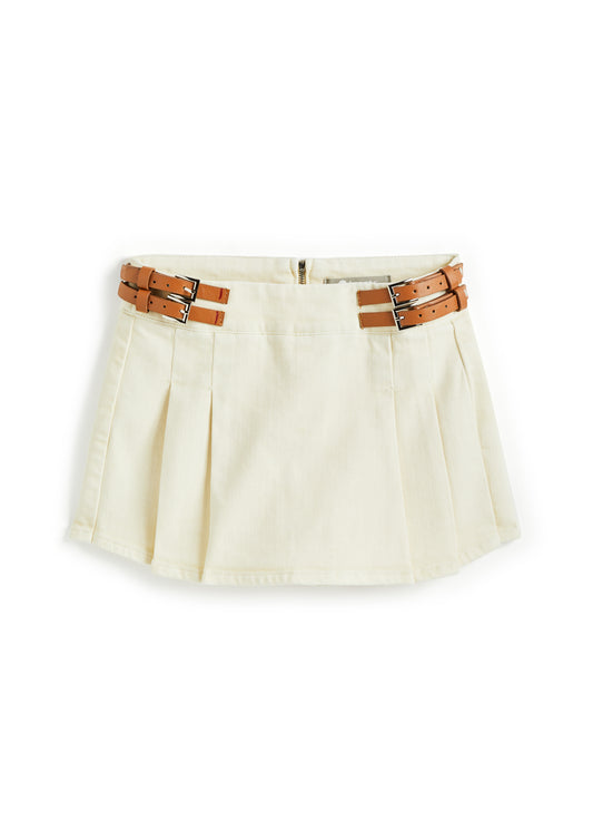 Cream Double Belted Pleated Skort
