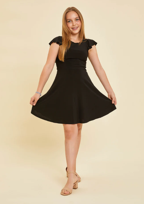 Black Cap Sleeve Skater Skirt Dress