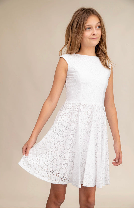 White Lace Cap Sleeve Dress