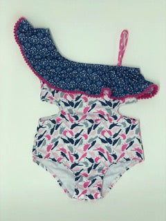 One Shoulder Ruffle Swimsuit Birds