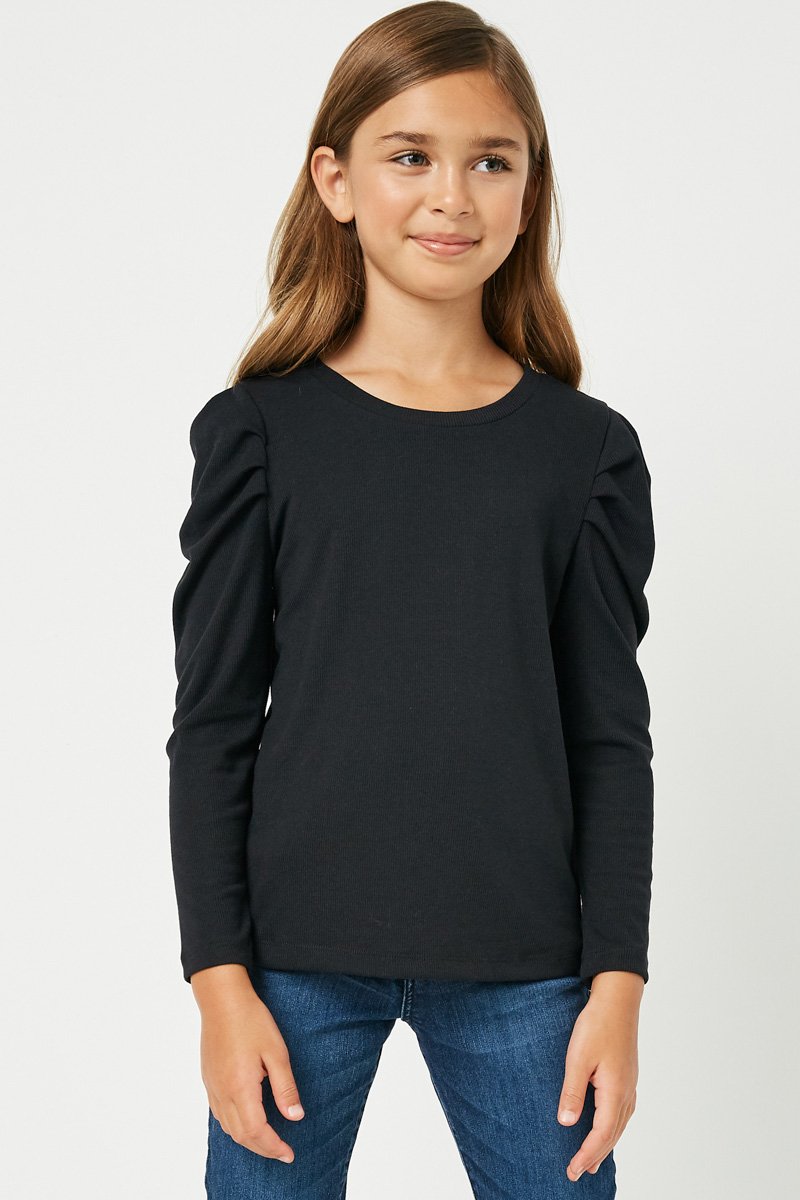 Black Pleated Puff Shoulder Knit Top