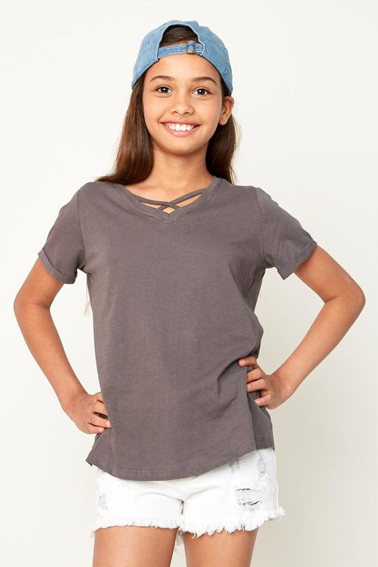 Charcoal V-Neck Criss-Cross Tee